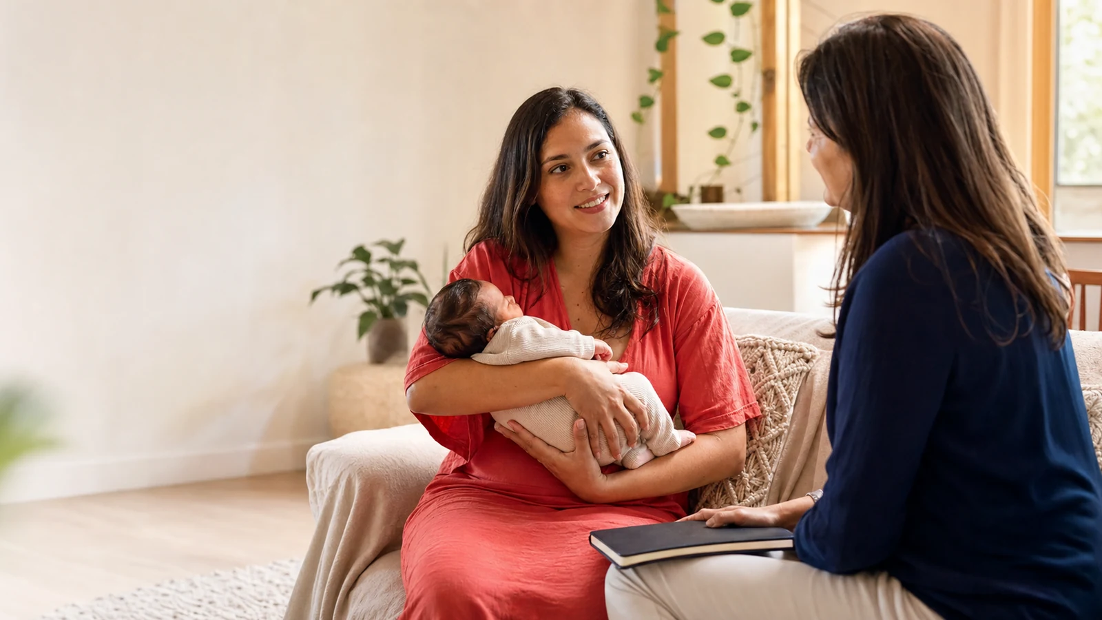 Mãe com bebê recém-nascido em um ambiente acolhedor