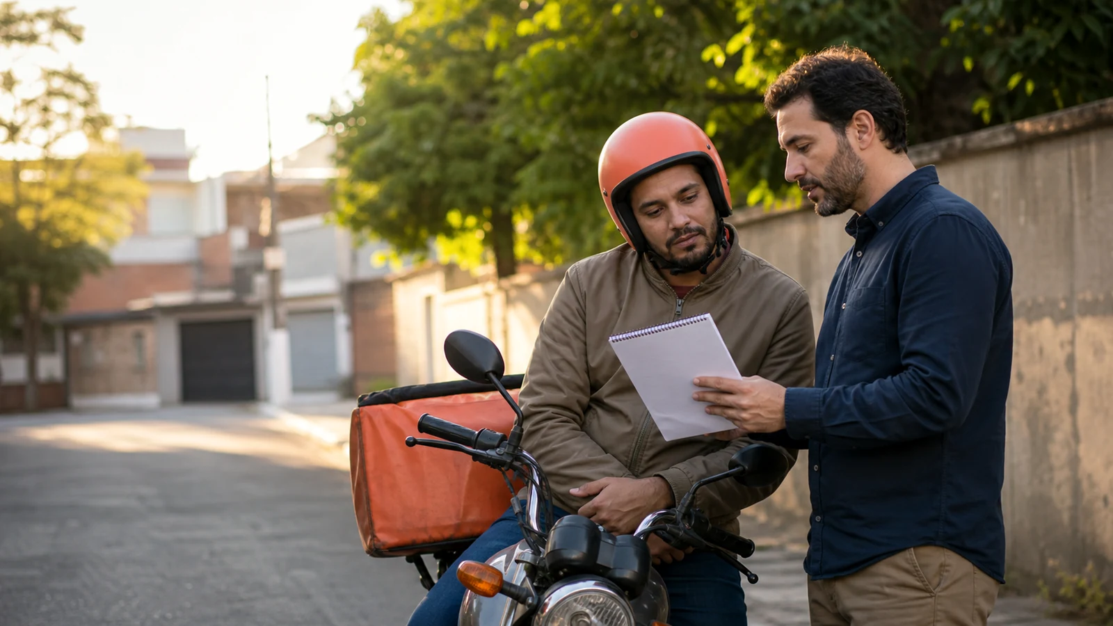 Entregador profissional ao lado de sua motocicleta